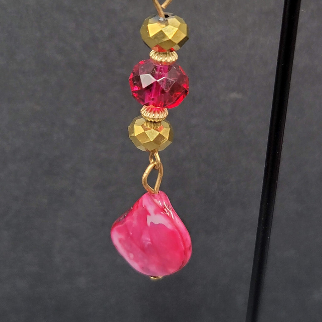 Pierced Earrings Gold tone Pink Beads Dyed Shell Dangle 2 1/8"
