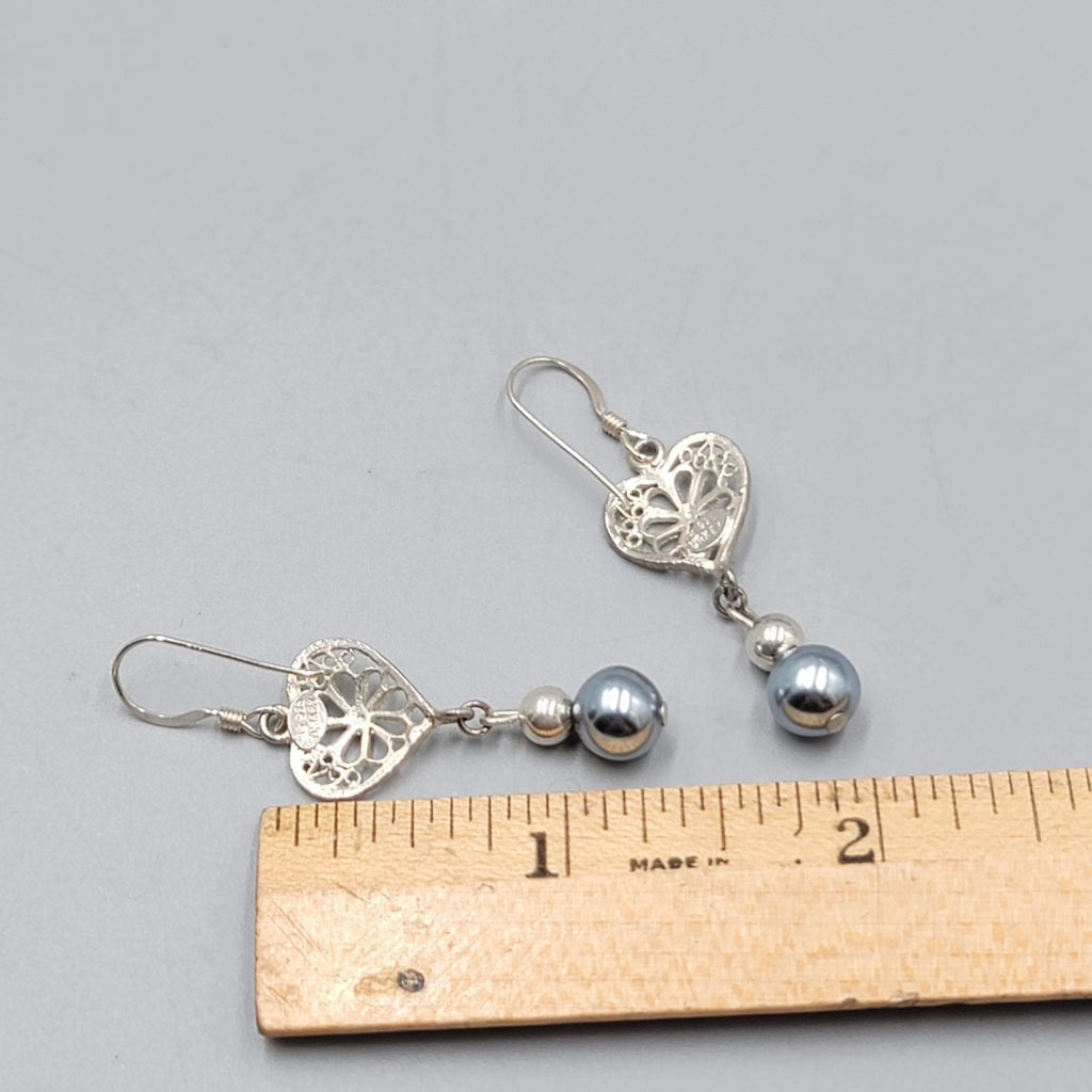 Sterling Silver Pierced Earrings Gray Bead Dangle 1.25" 925