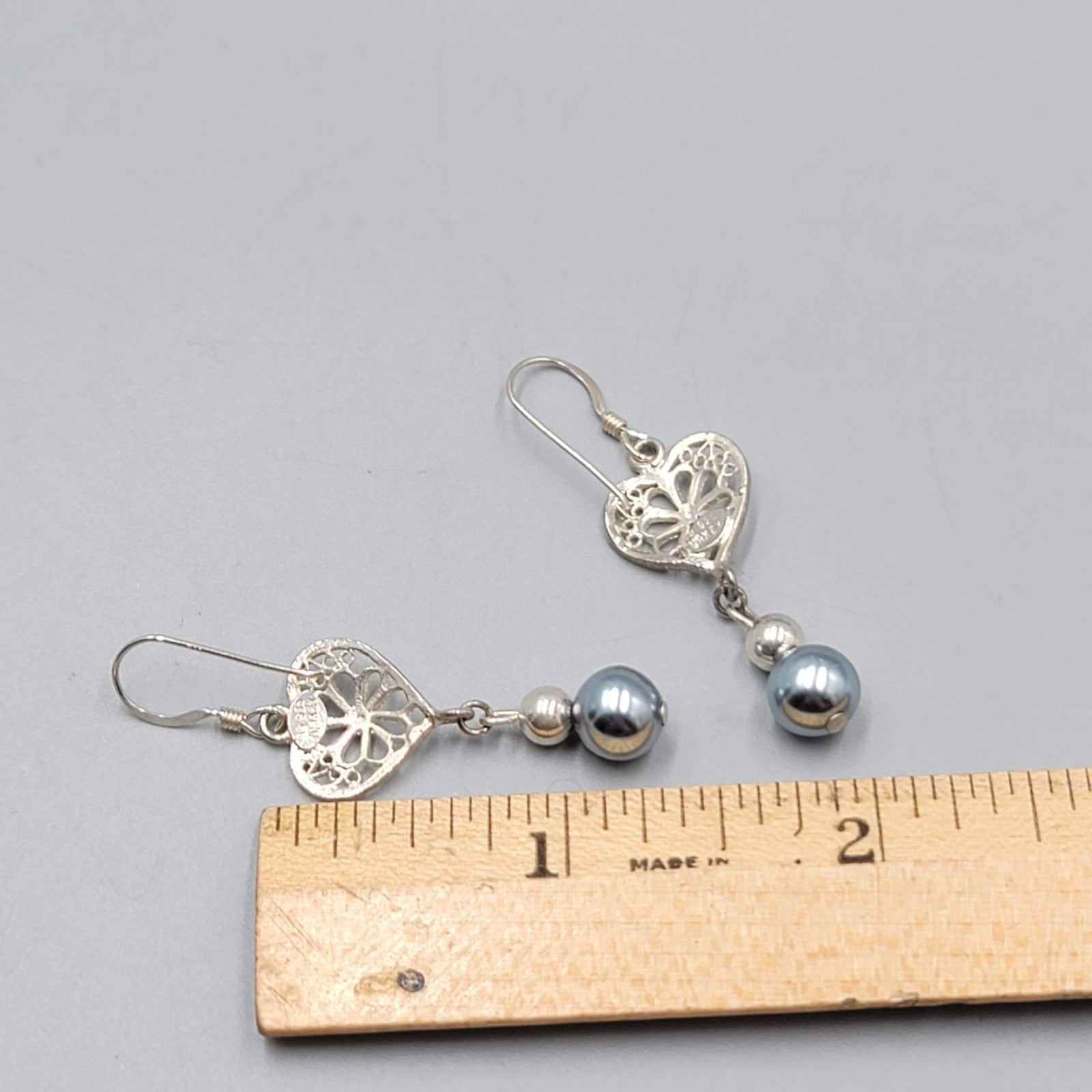 Sterling Silver Pierced Earrings Gray Bead Dangle 1.25" 925