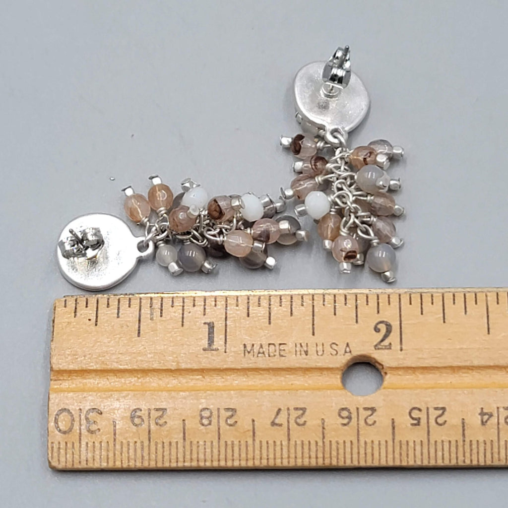 Pierced Earrings Silver tone Dangle Cluster Glass Beads Neutral Colors 1.5"