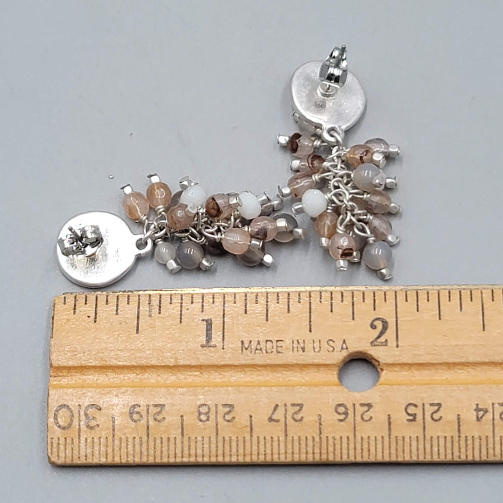 Pierced Earrings Silver tone Dangle Cluster Glass Beads Neutral Colors 1.5"