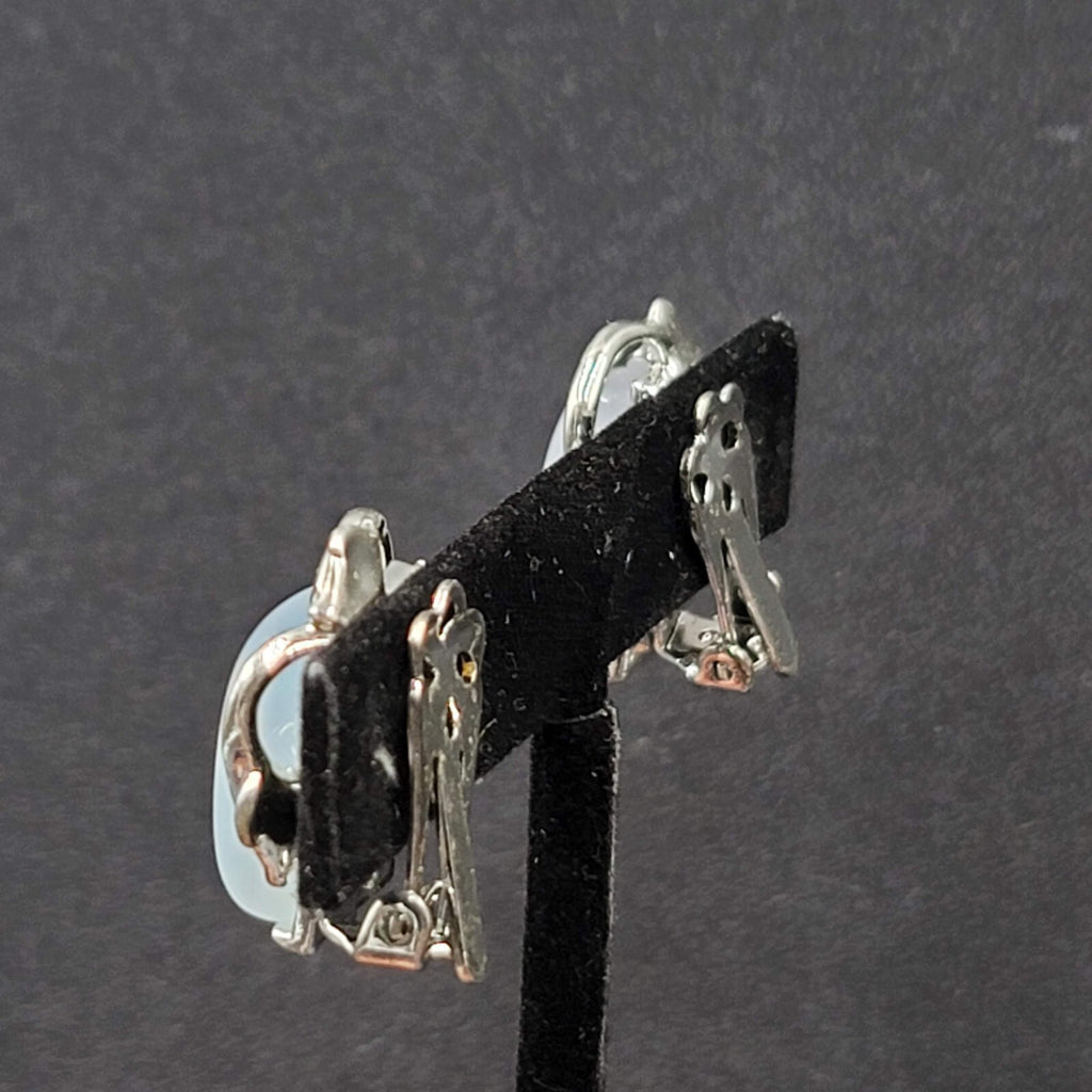 Vintage Clip on Earrings Silver tone Blue Lucite Thermoset Rectangle 7/8"