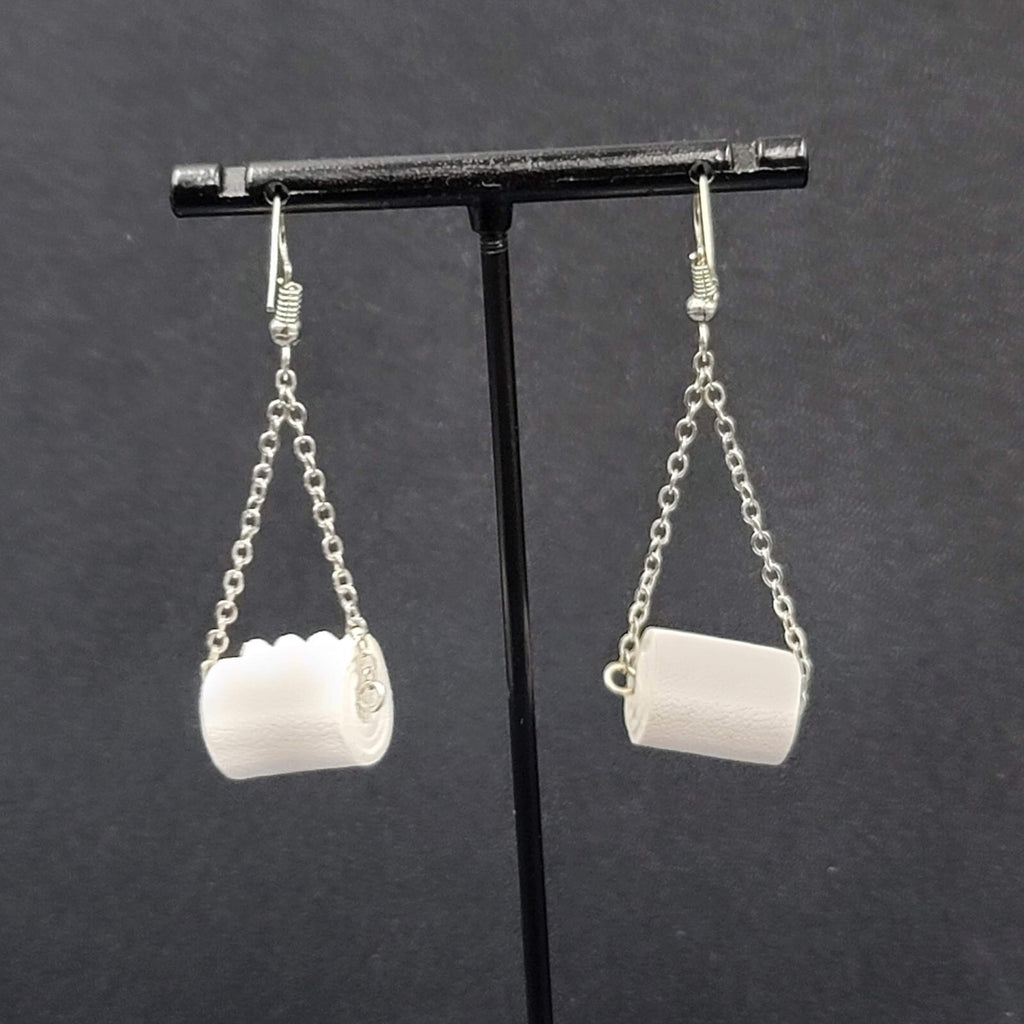 Toilet Paper Roll Pierced Earrings Silver tone Dangle Chains 1.5"