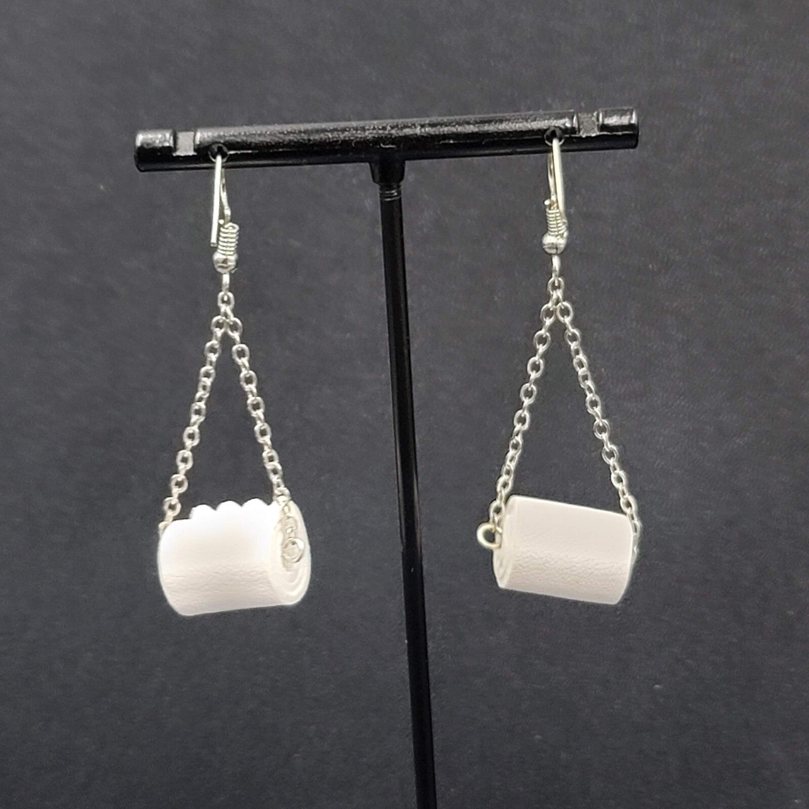 Toilet Paper Roll Pierced Earrings Silver tone Dangle Chains 1.5"