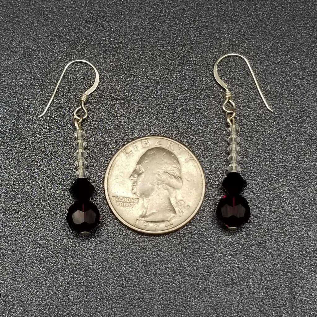 Pierced Earrings Silver tone Red Crystal Faceted Bead Dangle 1"