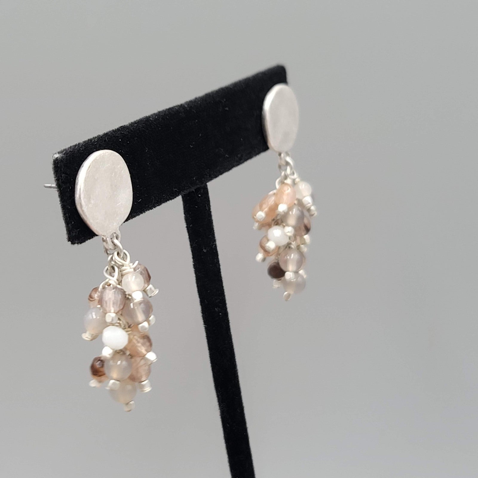 Pierced Earrings Silver tone Dangle Cluster Glass Beads Neutral Colors 1.5"