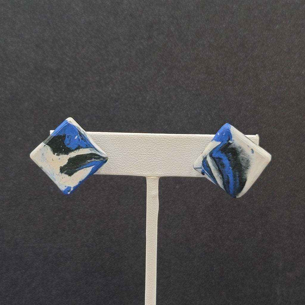 Vintage Clip on Earrings Blue Black White Polymer Clay Squares Screw Back 3/4"