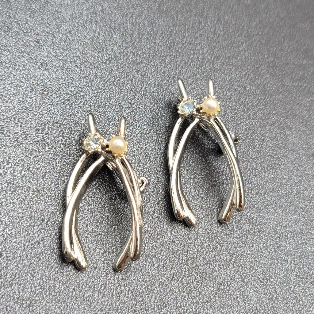 Vintage Double Lucky Wishbone Blue Rhinestone Pearl Brooch Lot Silver tone 1.25"