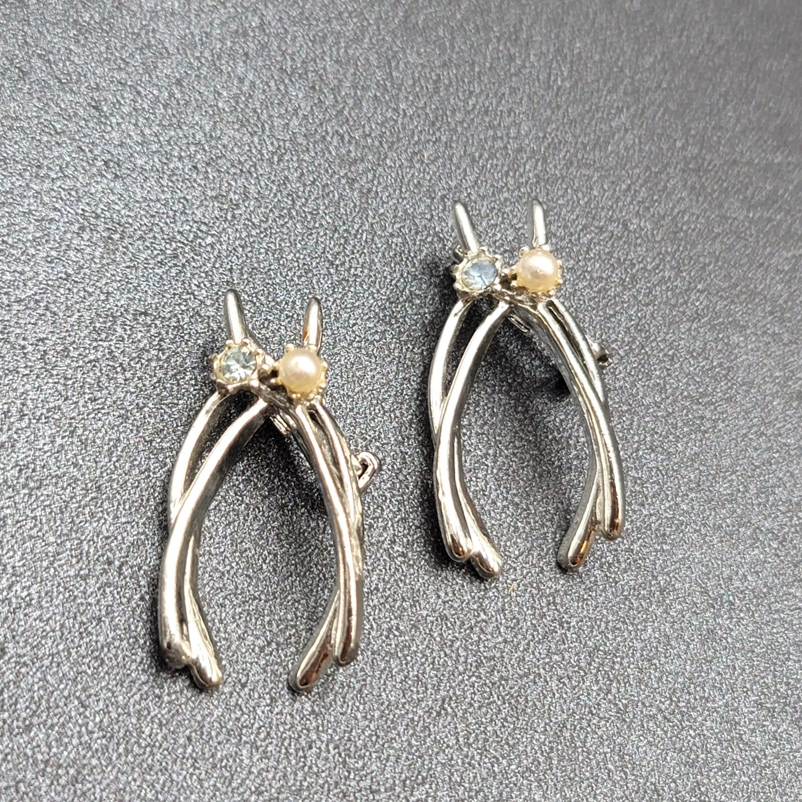 Vintage Double Lucky Wishbone Blue Rhinestone Pearl Brooch Lot Silver tone 1.25"