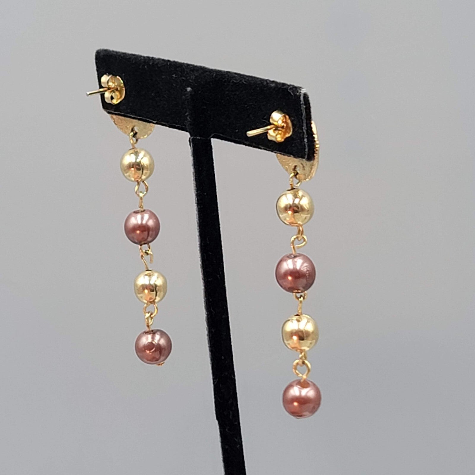 Pierced Earrings Gold Plated Bead Dangle 2.25"