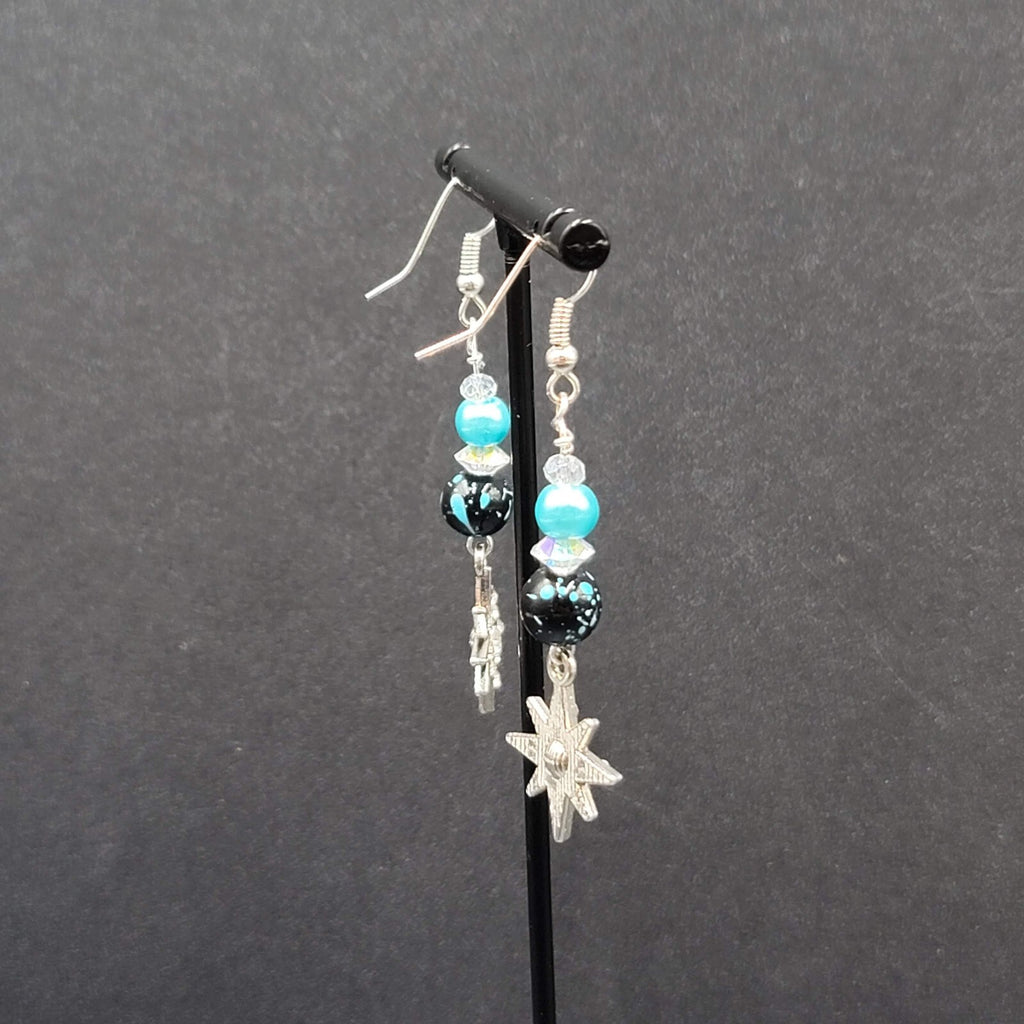 Pierced Earrings Silver tone Blue Bead Rhinestone Star Dangle 1.75"