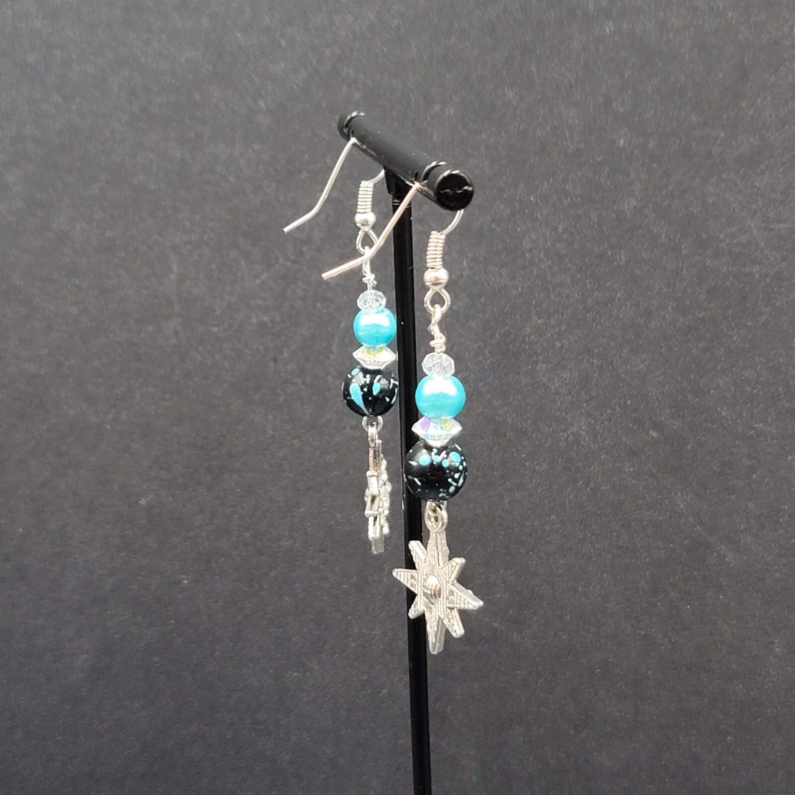 Pierced Earrings Silver tone Blue Bead Rhinestone Star Dangle 1.75"