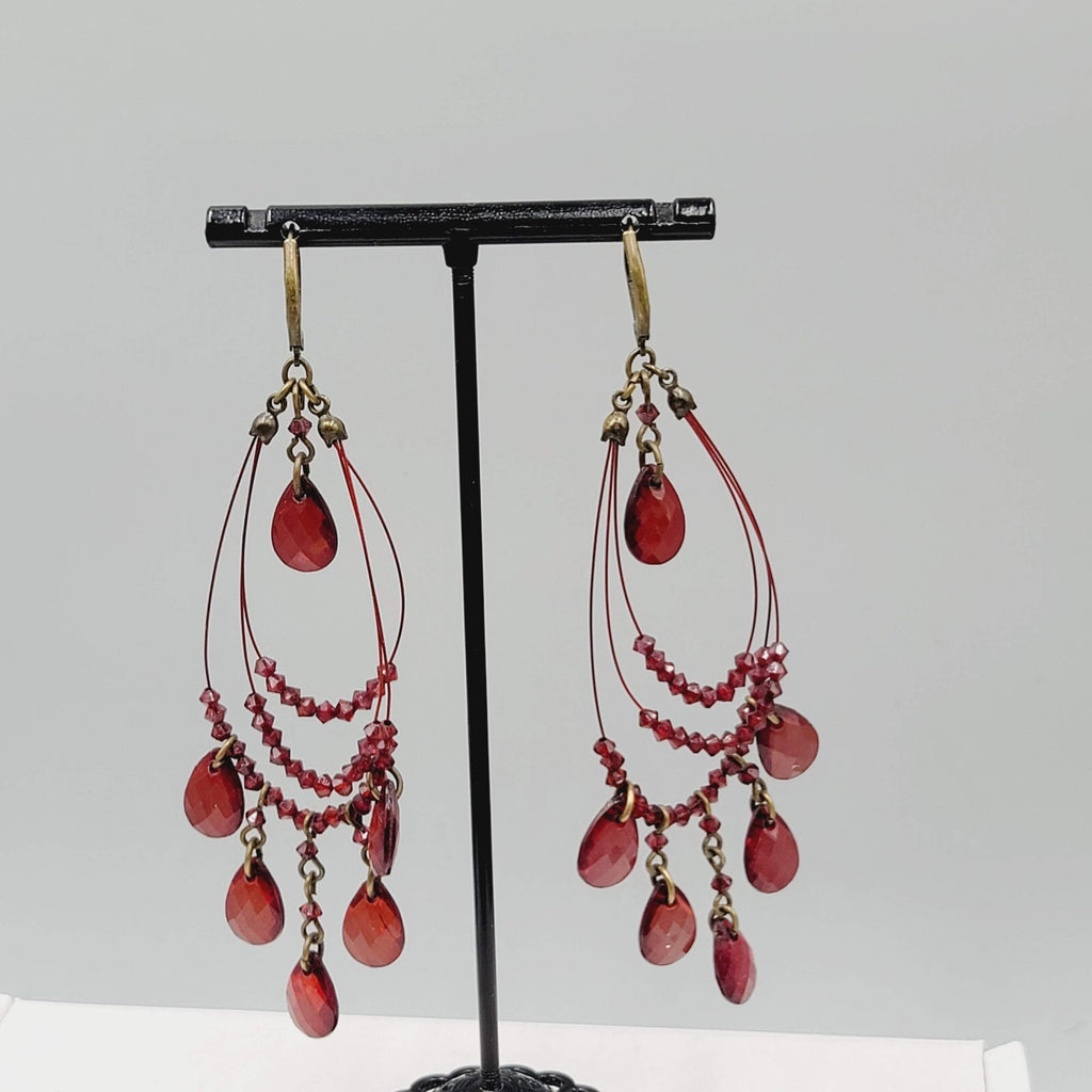 Red Bead Pierced Earrings Bronze tone Dangle Loops 3.5"