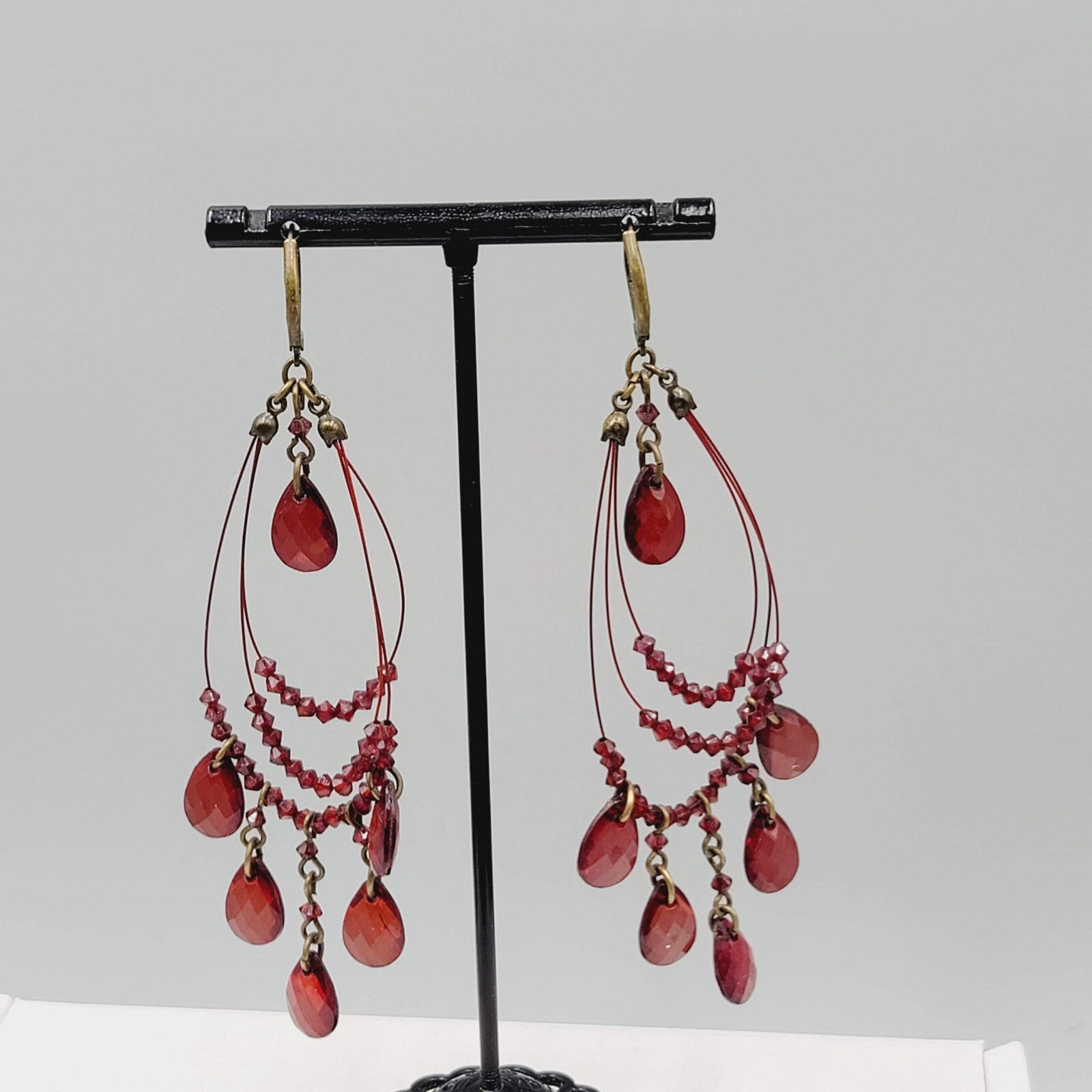Red Bead Pierced Earrings Bronze tone Dangle Loops 3.5"