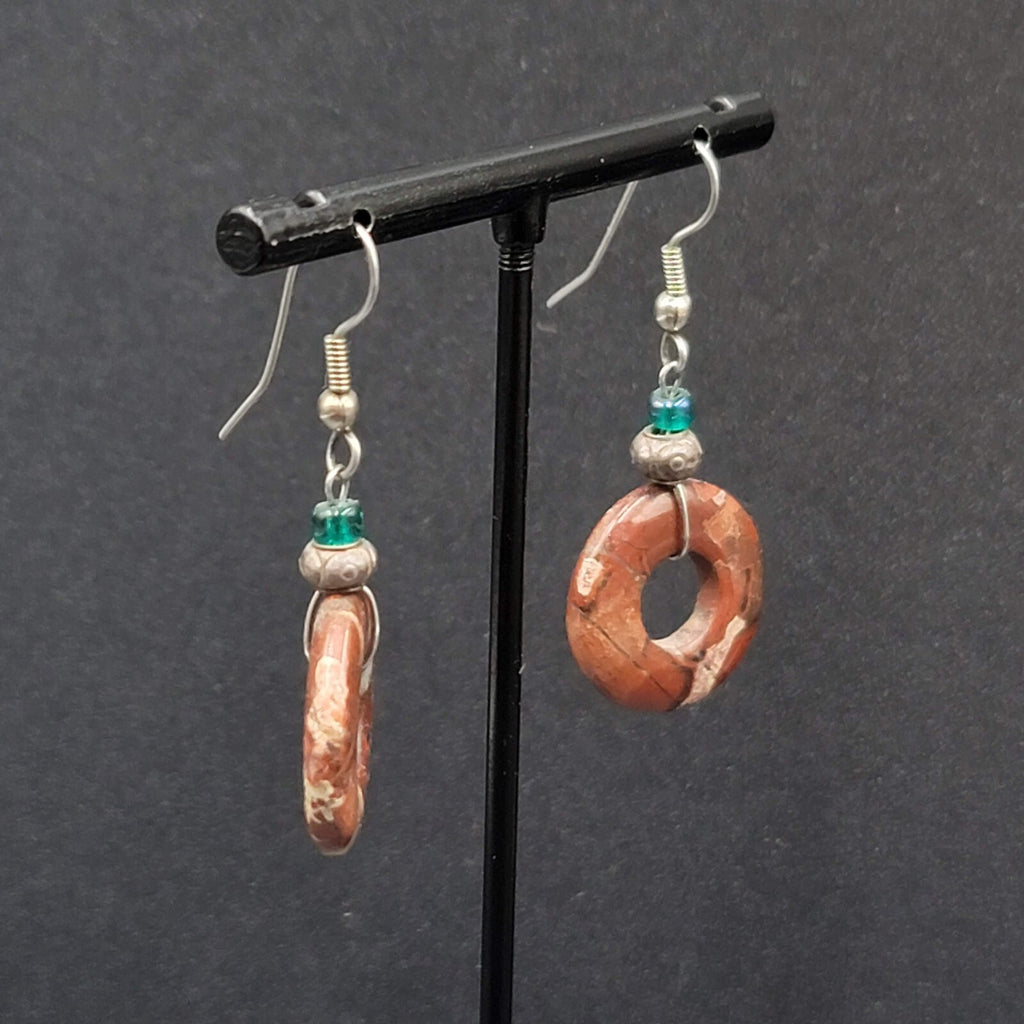 Pierced Earrings Red Agate Circle Bead Dangle Silver tone 1 1/8"