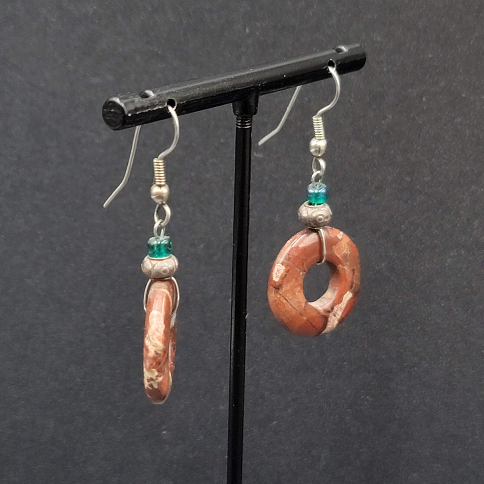 Pierced Earrings Red Agate Circle Bead Dangle Silver tone 1 1/8"