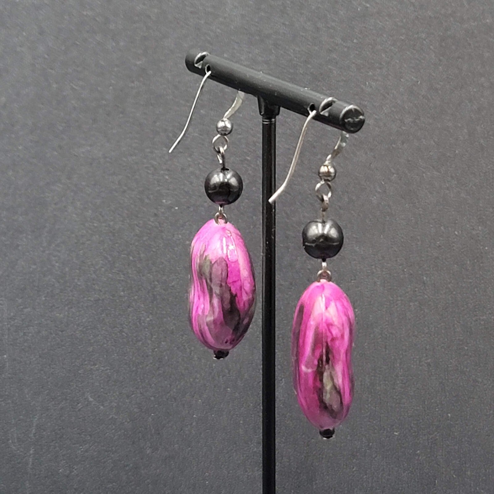 Pierced Earrings Acrylic Purple Black Statement Beads 1.75"