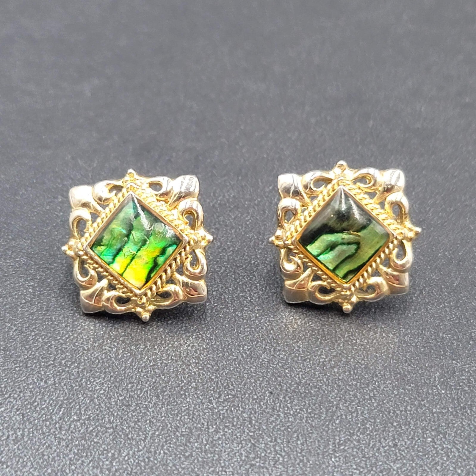 Vintage Pierced Earrings Gold tone Ornate Square Faux Abalone Stud 7/8"