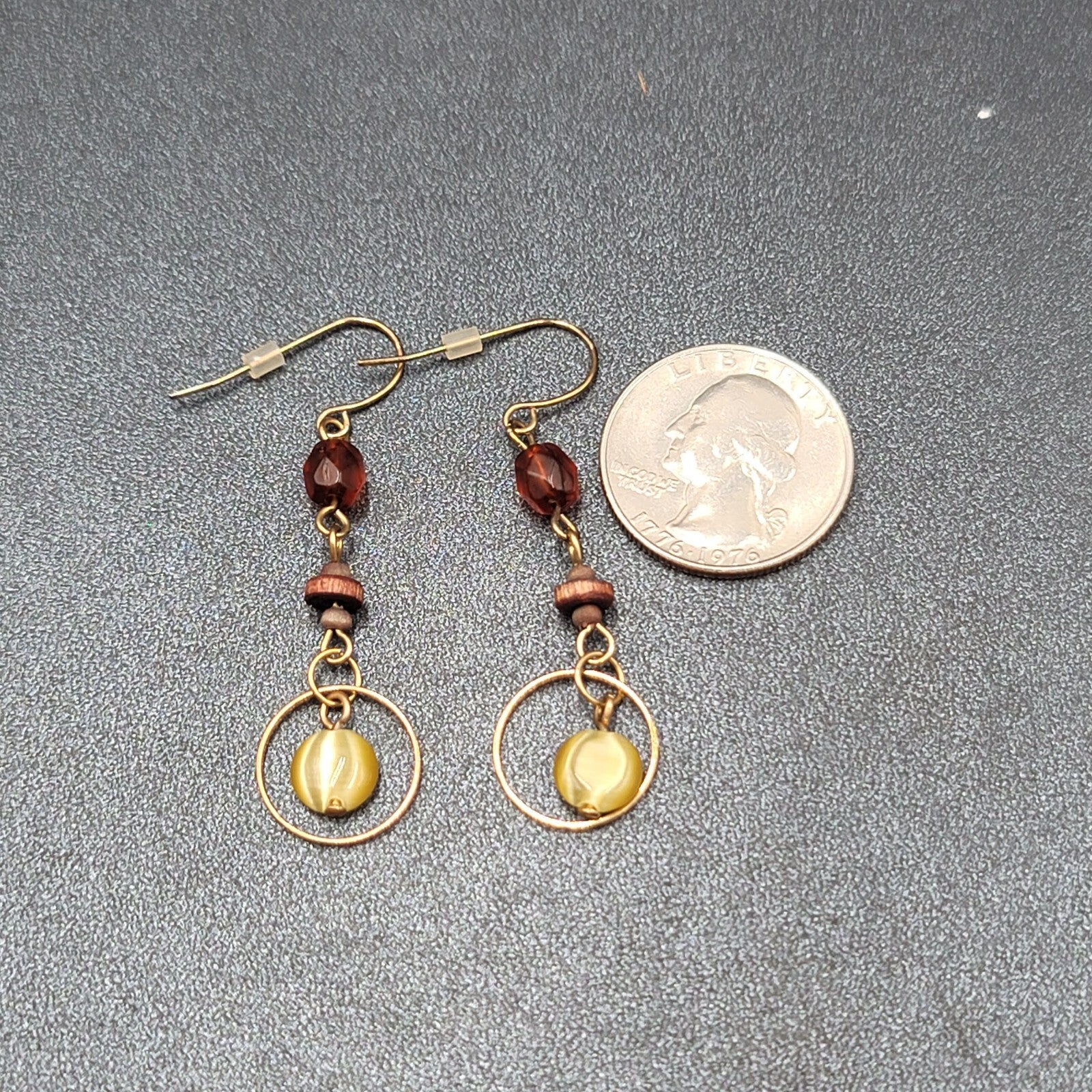 Pierced Earrings Gold tone Beaded Wood Dangle 1.75"