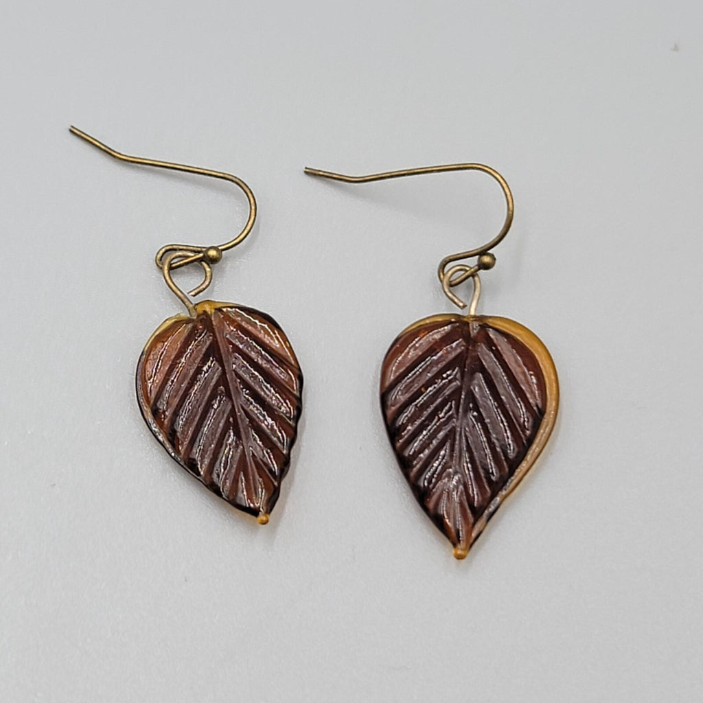 Pierced Earrings Brown Glass Leaf Dangle Bronze tone 1"