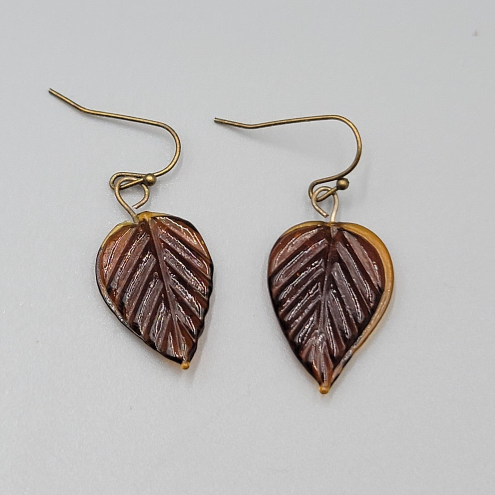 Pierced Earrings Brown Glass Leaf Dangle Bronze tone 1"