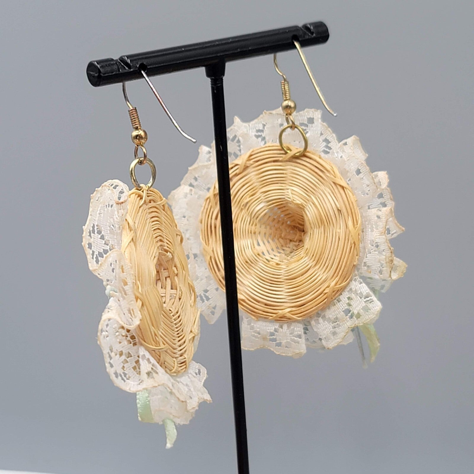 Vintage Wicker Bonnet Pierced Earrings Dangle 1980s 2"