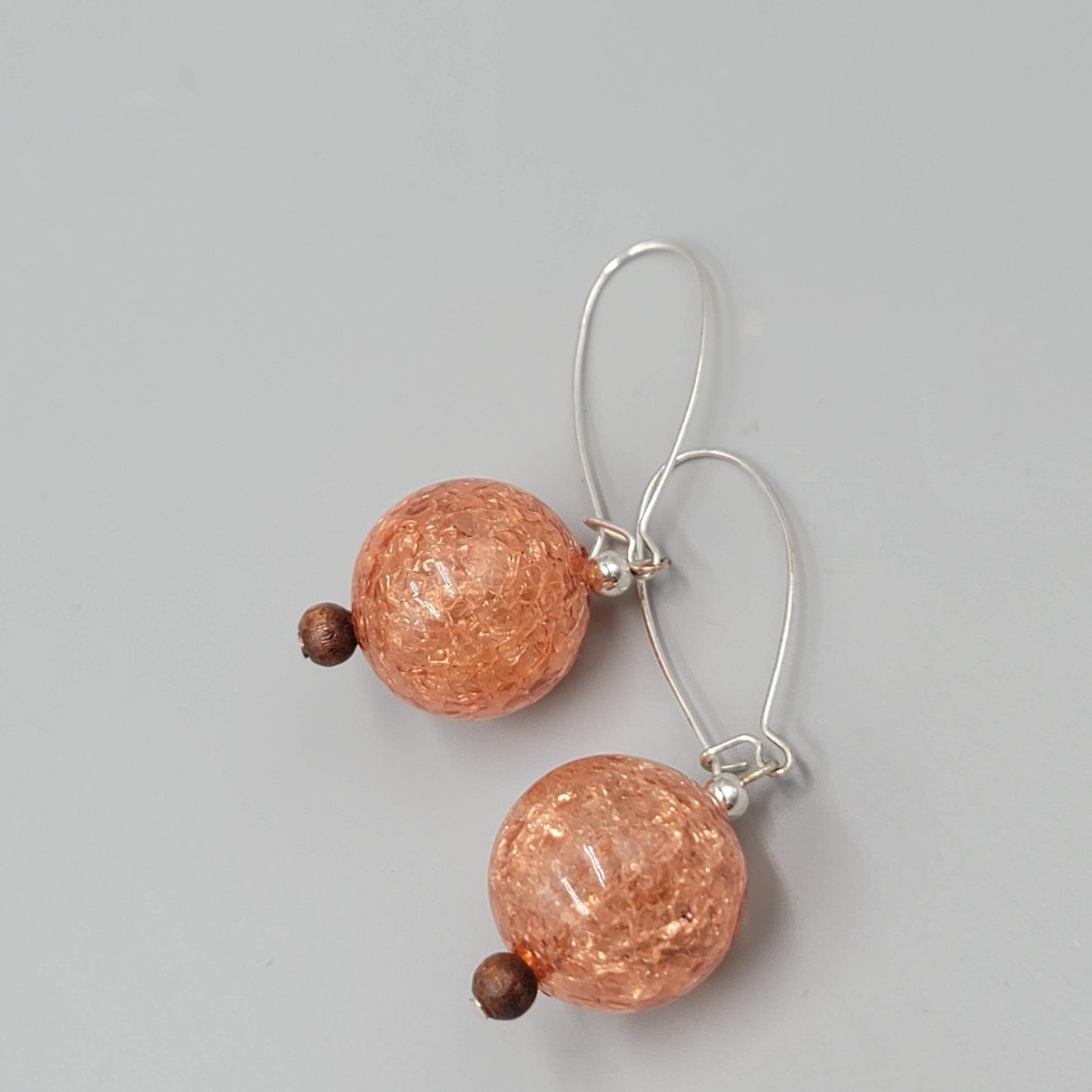 Peach Crackle Bead Ball Dangle Pierced Earrings Silver tone Hook Lightweight 2"
