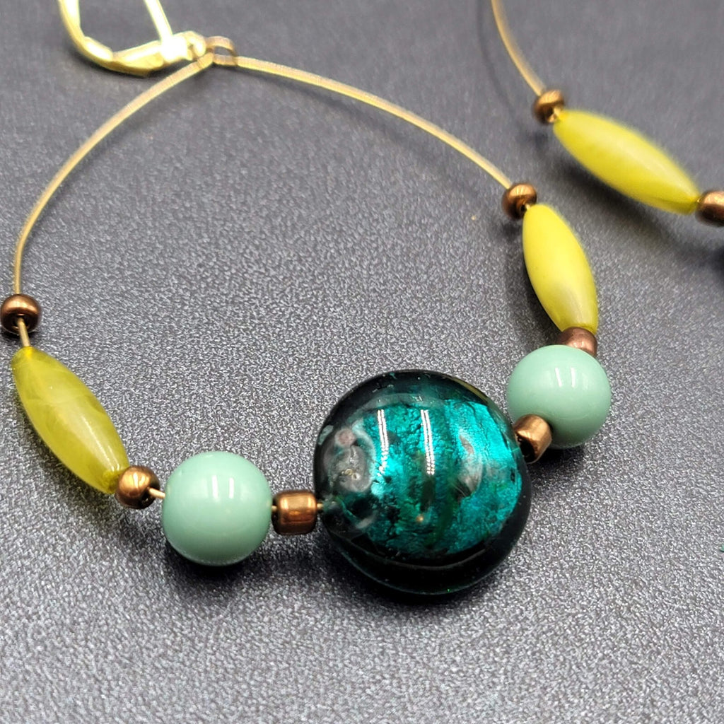 Pierced Earrings Gold tone Blue Dichroic Glass Bead Acrylic Beads 3"