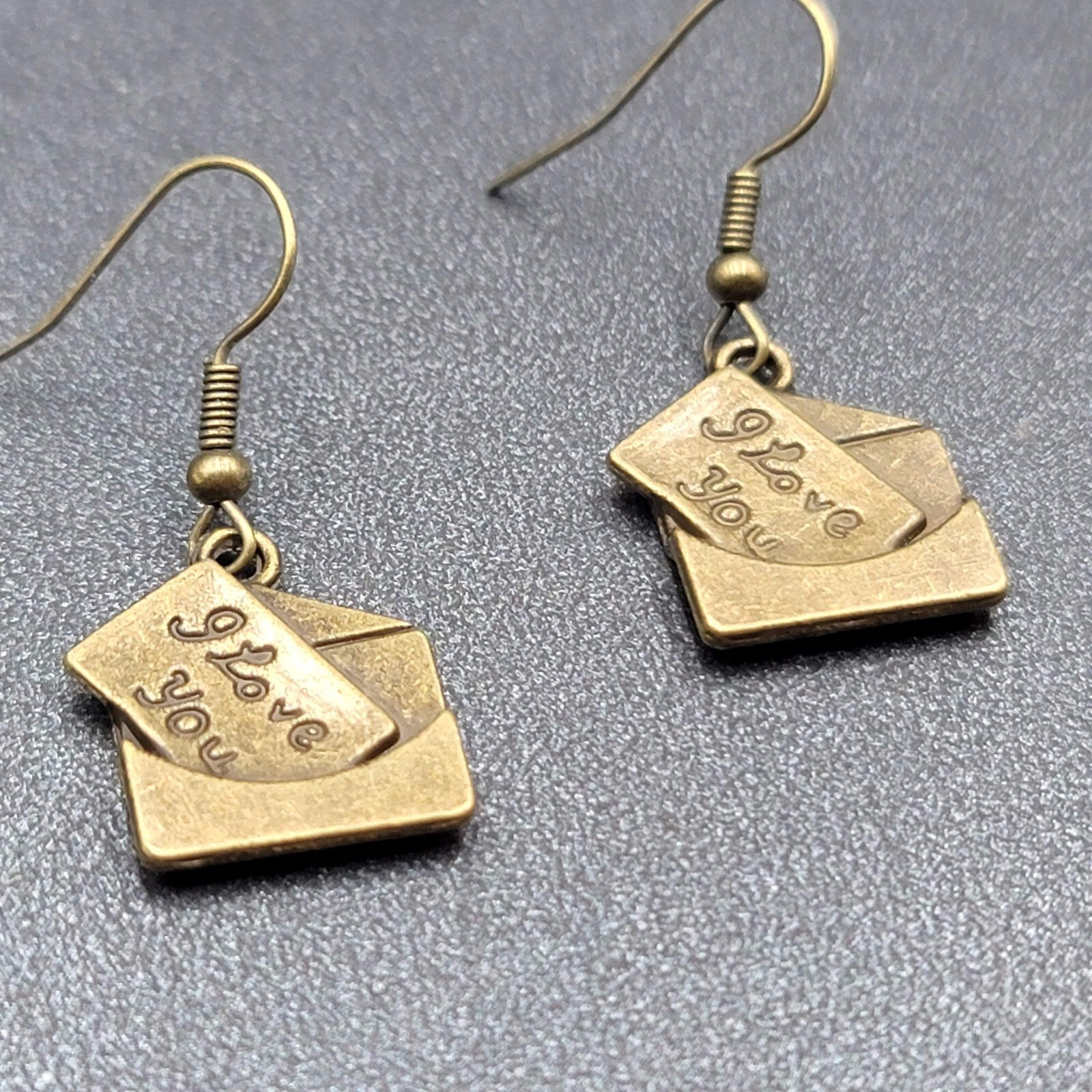 New I Love You Letter Pierced Earrings Bronze tone Dangle 3/4"