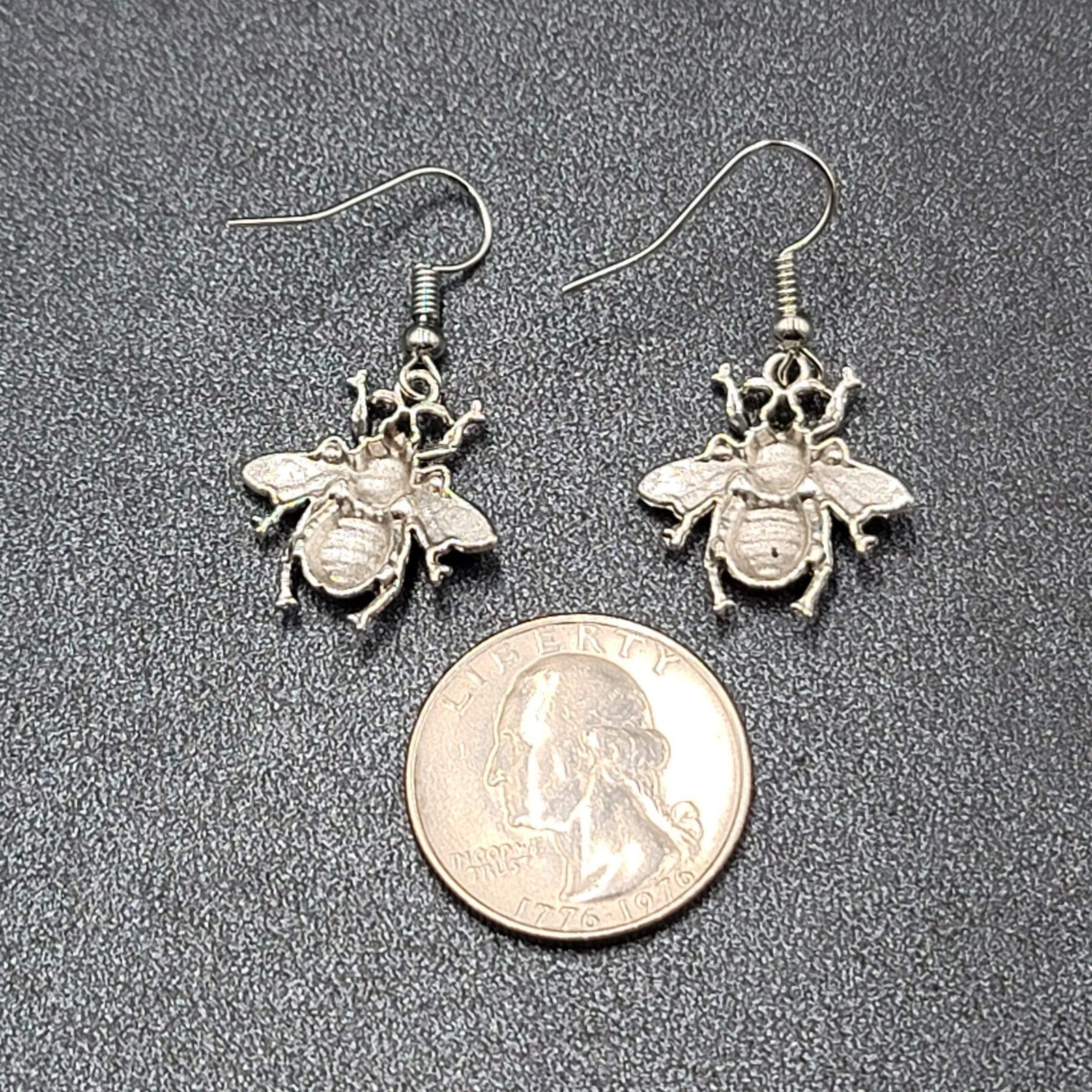Bee Pierced Earrings Silver tone Fuzzy Embossed Dangle 7/8"