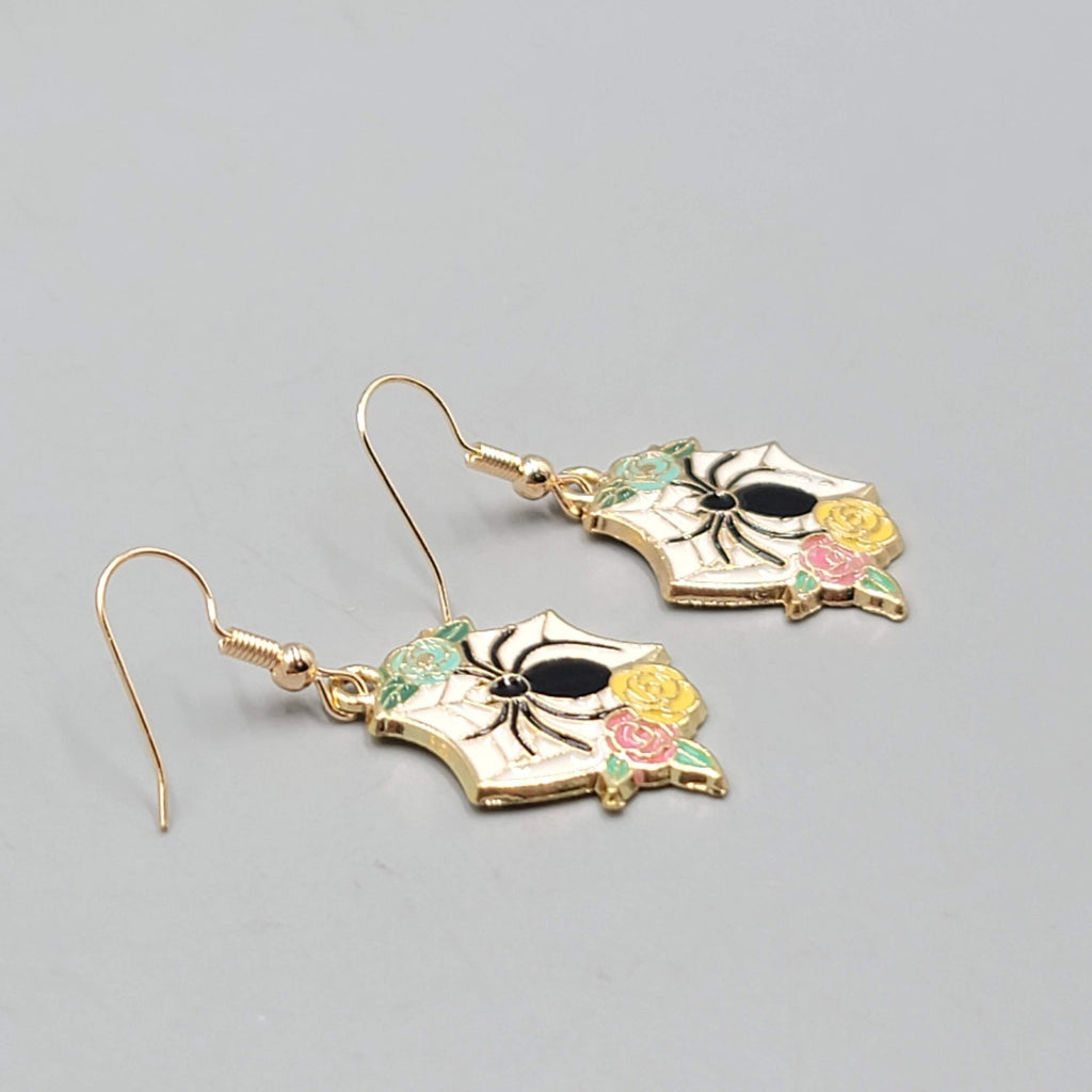 Pierced Earrings Gold tone Enamel Red Rose Moth Dangle 1"