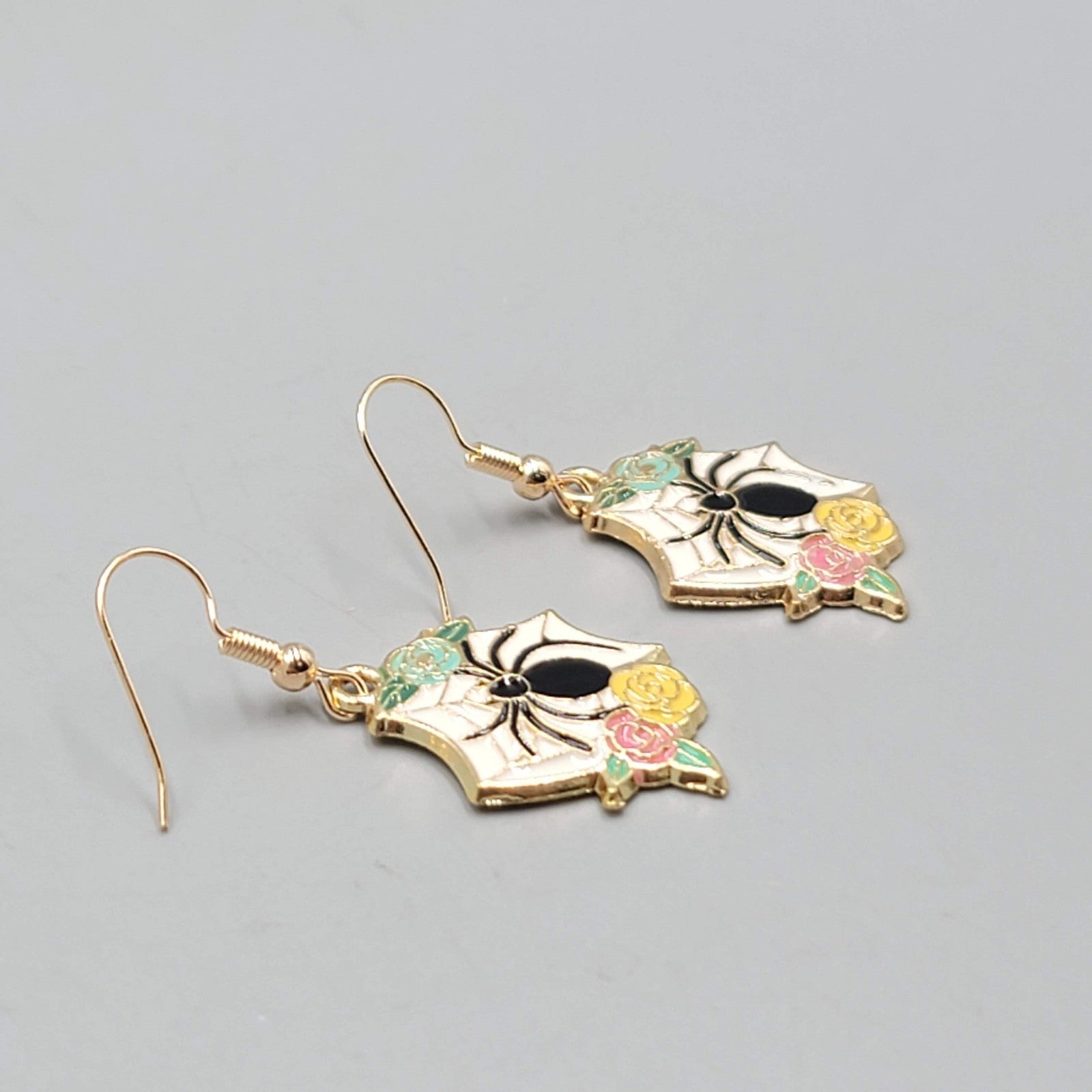 Pierced Earrings Gold tone Enamel Red Rose Moth Dangle 1"
