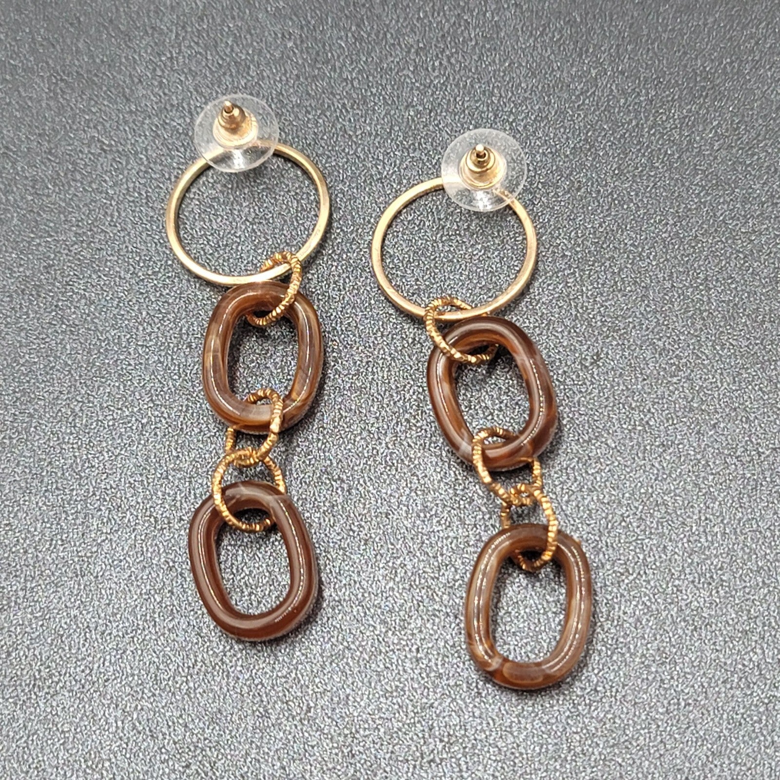 Pierced Earrings Gold tone Brown Swirl Acrylic Hoops Lightweight 2.75"