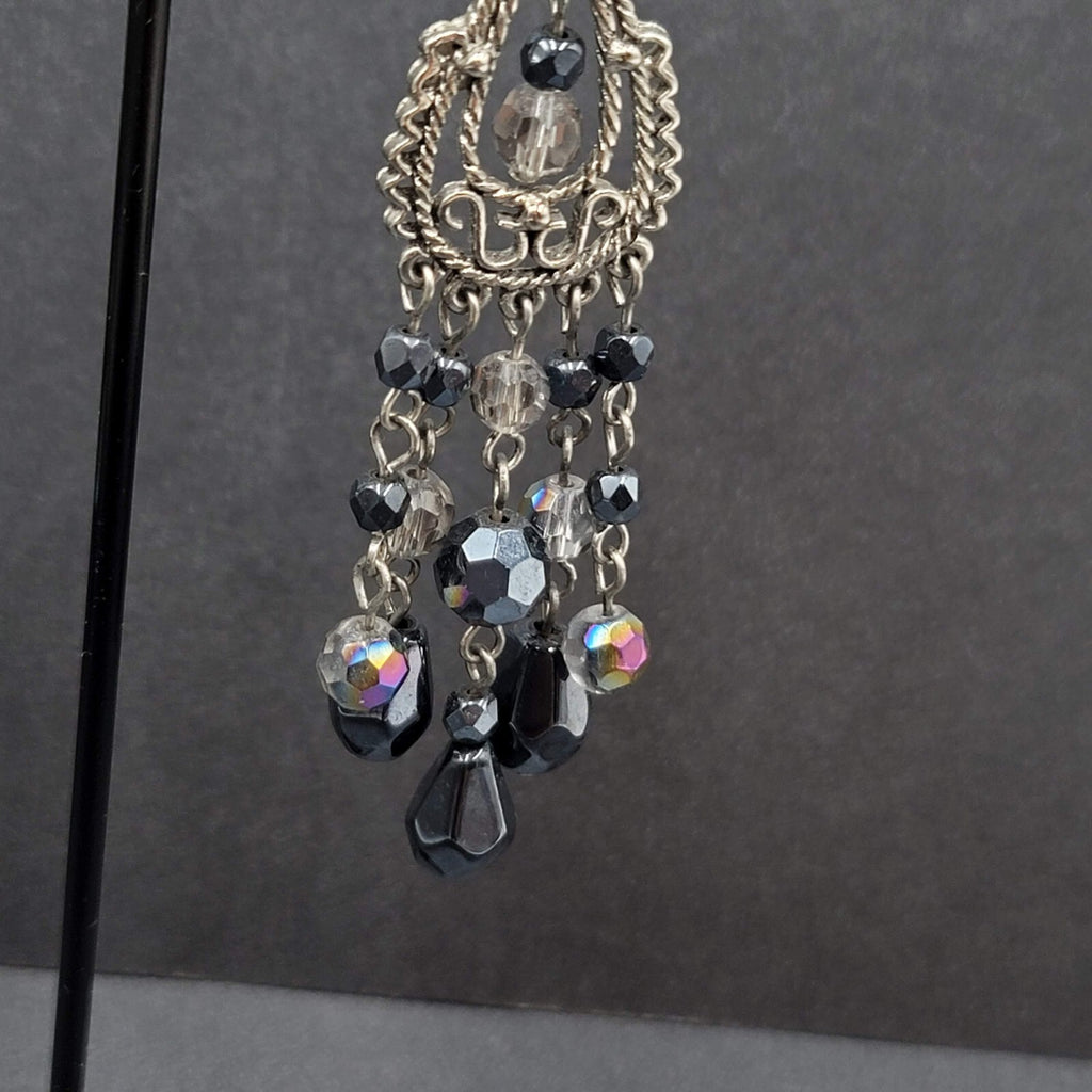 Pierced Earrings Silver tone Black AB Glass Beads Chandelier 3"