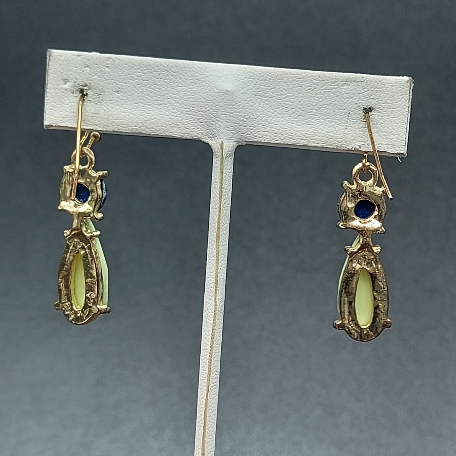 Pierced Earrings Gold tone Blue Green Acrylic Dangle 1 1/4"
