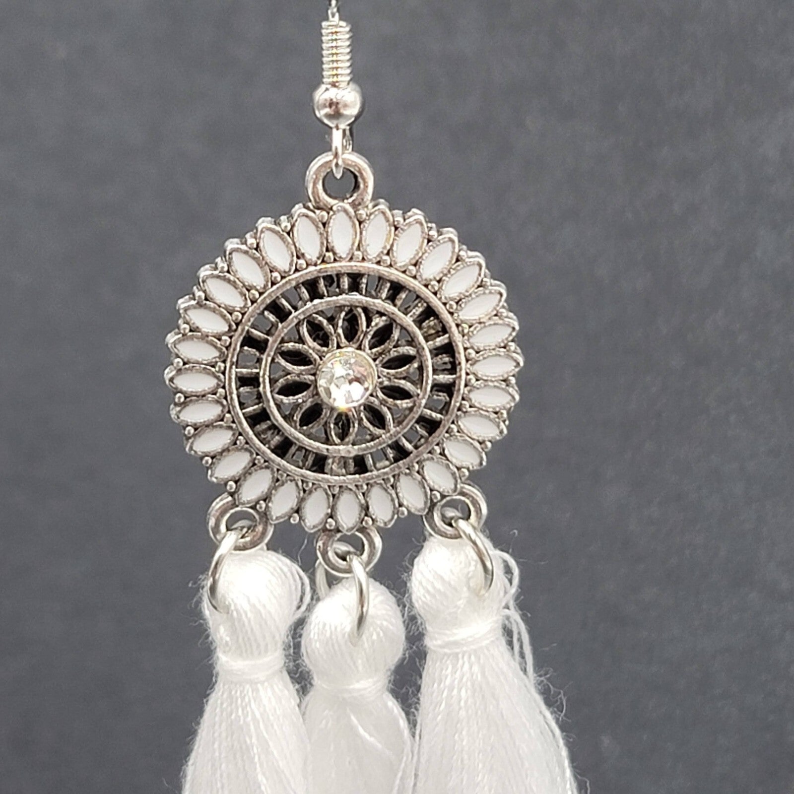 Pierced Earrings Silver tone Enamel Medallion Round Dangle White Tassel 2.5"