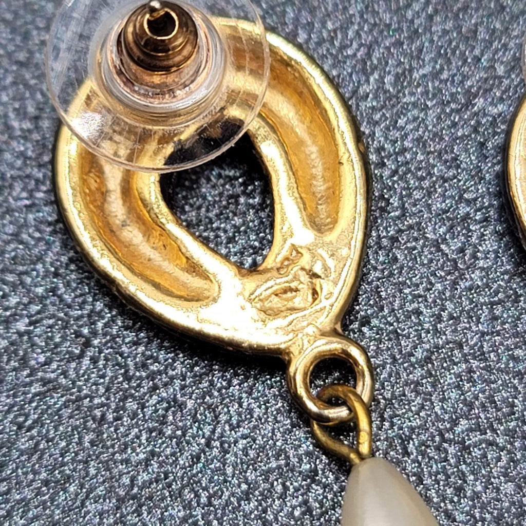 Vintage Pierced Earrings Purple Enamel Faux Pearl Teardrop Signed Dangle 1 3/8"