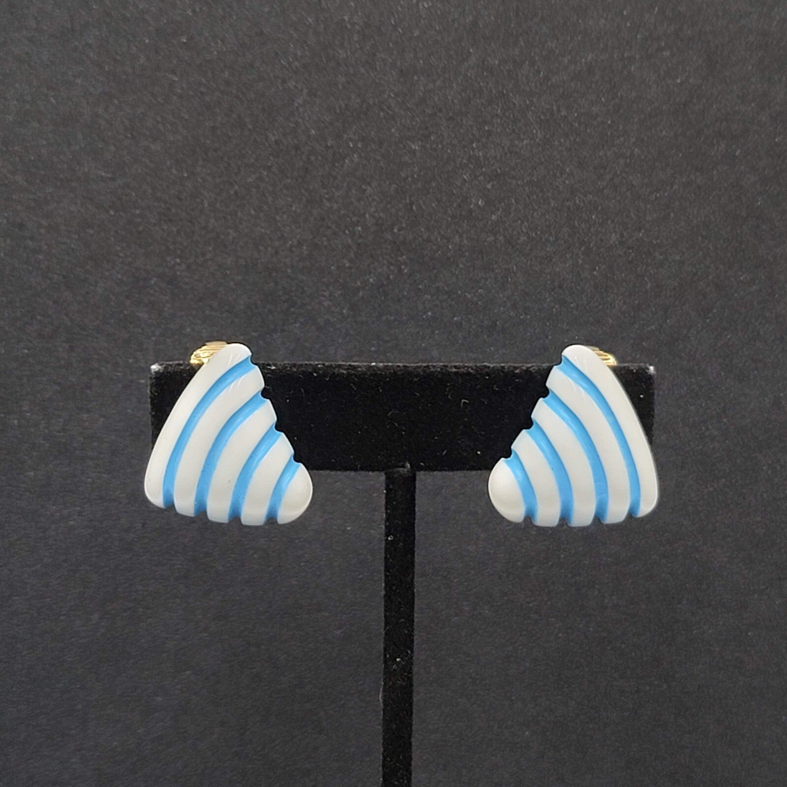 Vintage Clip on Earrings White Blue Stripes Acrylic Triangle 7/8"