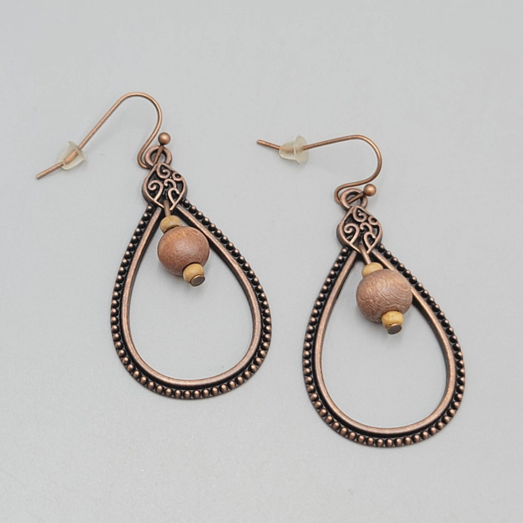 Open Teardrop Wood Bead Pierced Earrings Bronze tone Dangle 1.5"