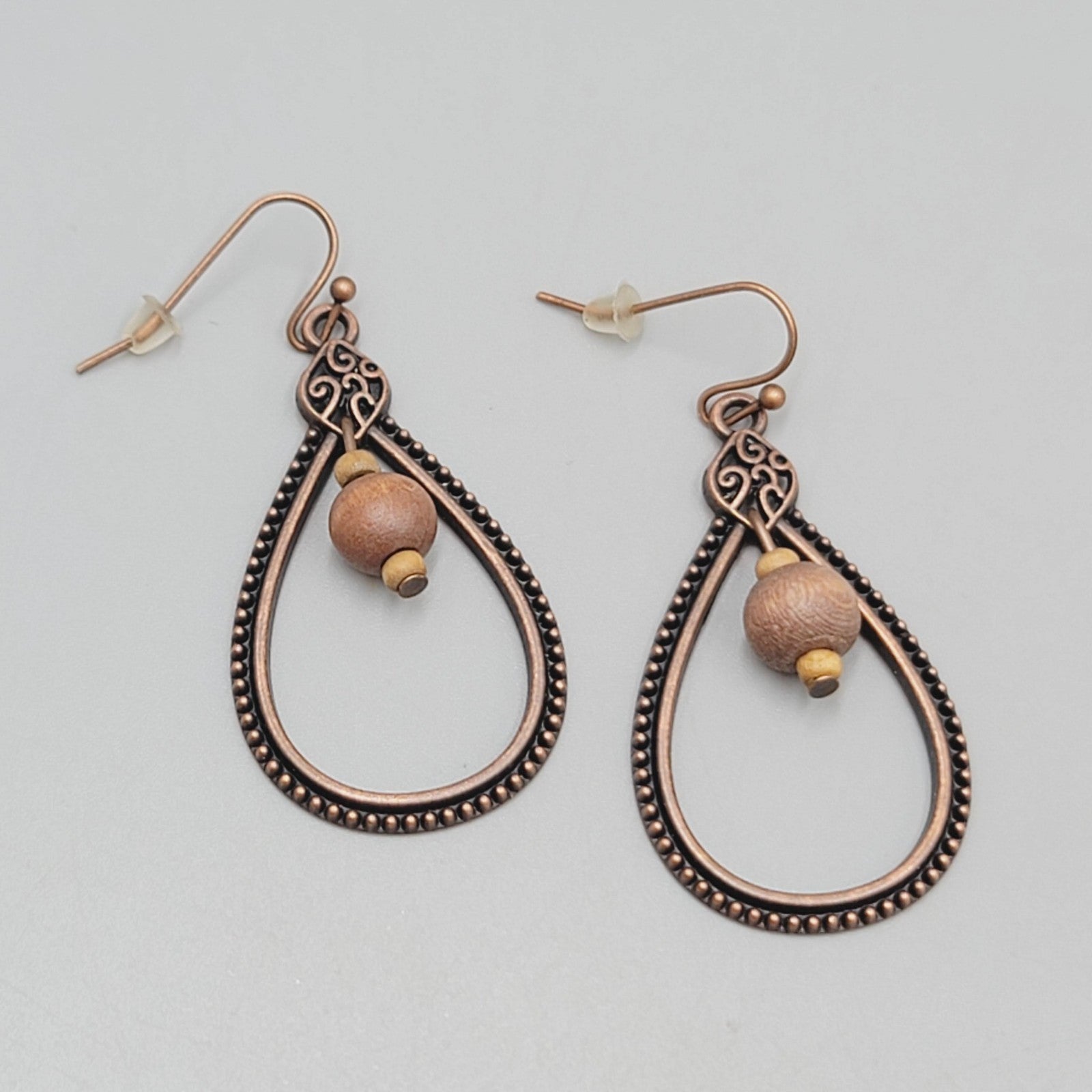 Open Teardrop Wood Bead Pierced Earrings Bronze tone Dangle 1.5"