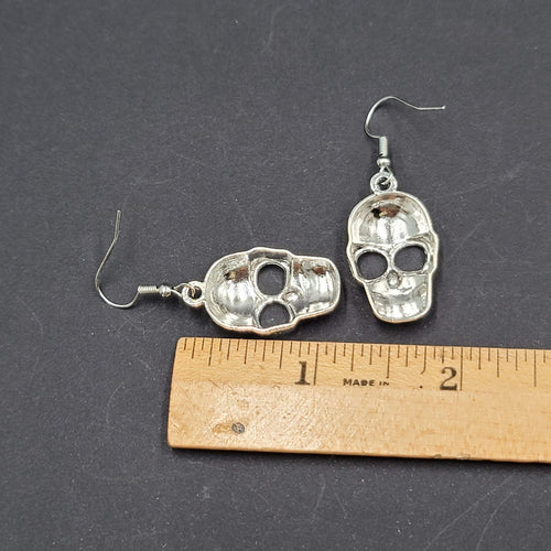 Embossed Skull Silver tone Dangle  Pierced Earrings New Halloween 1 1/8"