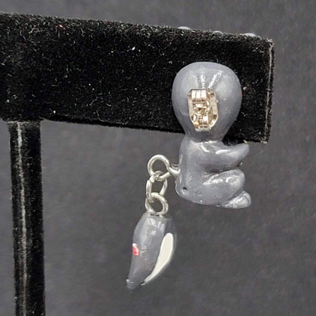 Vintage Pierced Earrings Gray Hand Painted 3D Skunk Dangle 1.25"