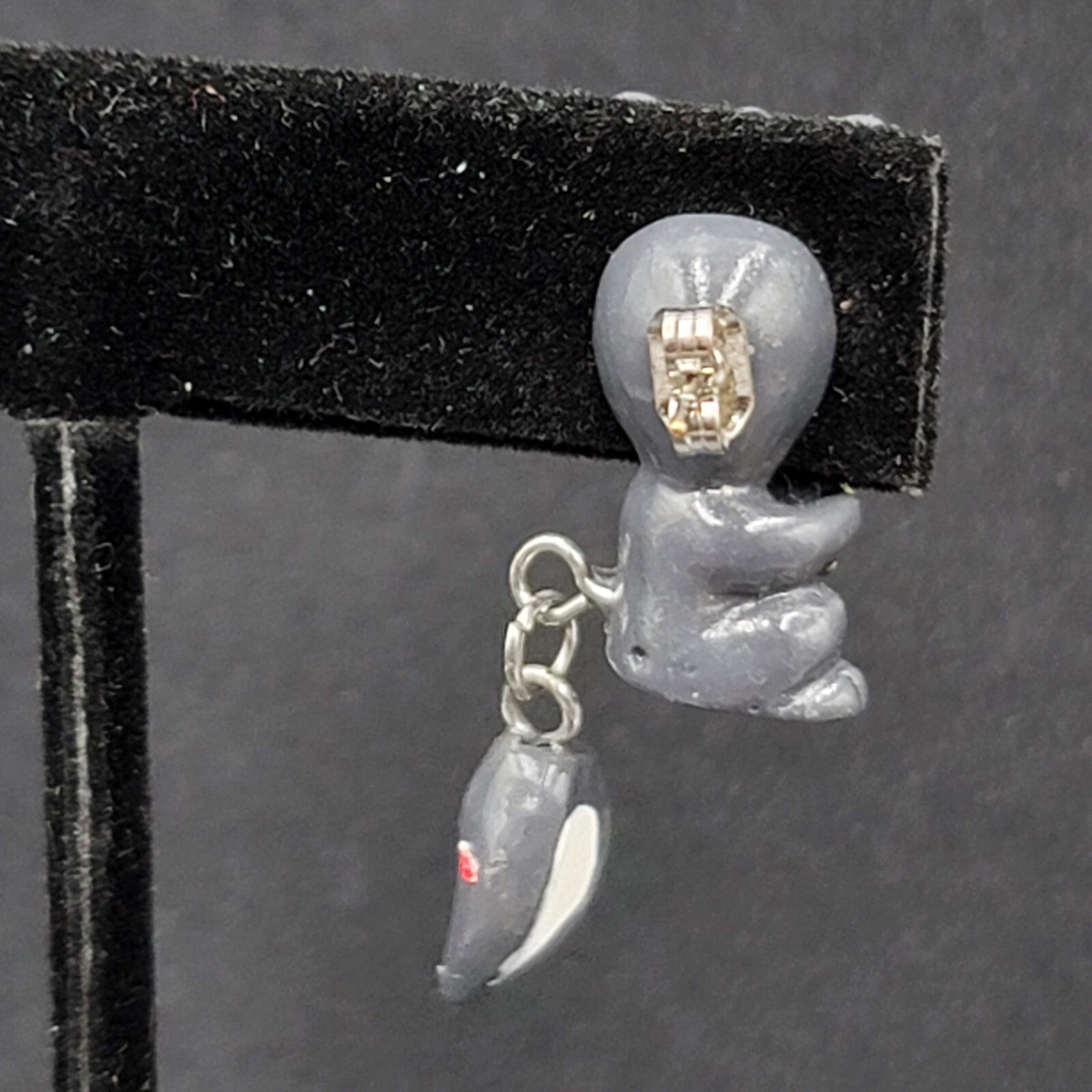 Vintage Pierced Earrings Gray Hand Painted 3D Skunk Dangle 1.25"