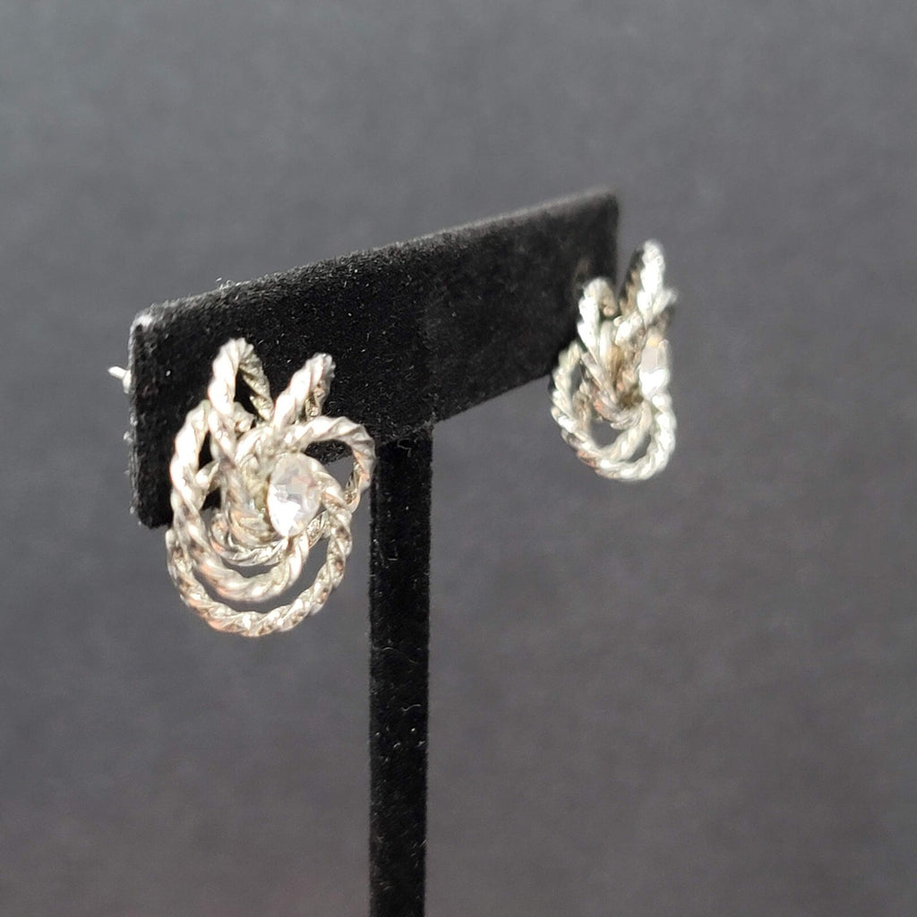 Vintage Pierced Earrings Silver tone Wire Knot Studs Rhinestone Center 3/4"