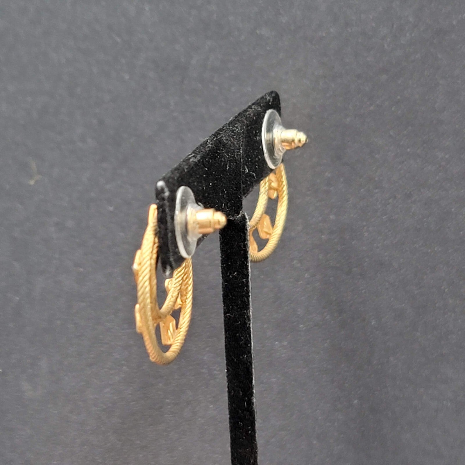 Vintage Pierced Earrings Gold tone Open Circle Textured Unique Design 1"