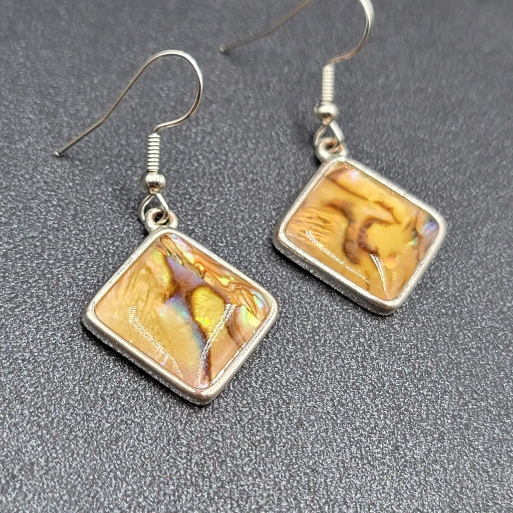 Pierced Earrings Silver tone Yellow Faux Abalone Square Dangle 7/8"