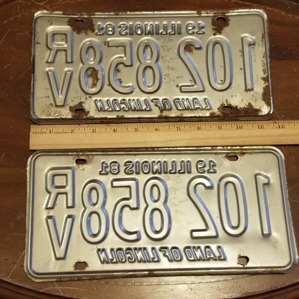 License Plate Pair Vintage 1982 ILLINOIS 102 858 RV 12" x 6" Yellow Black