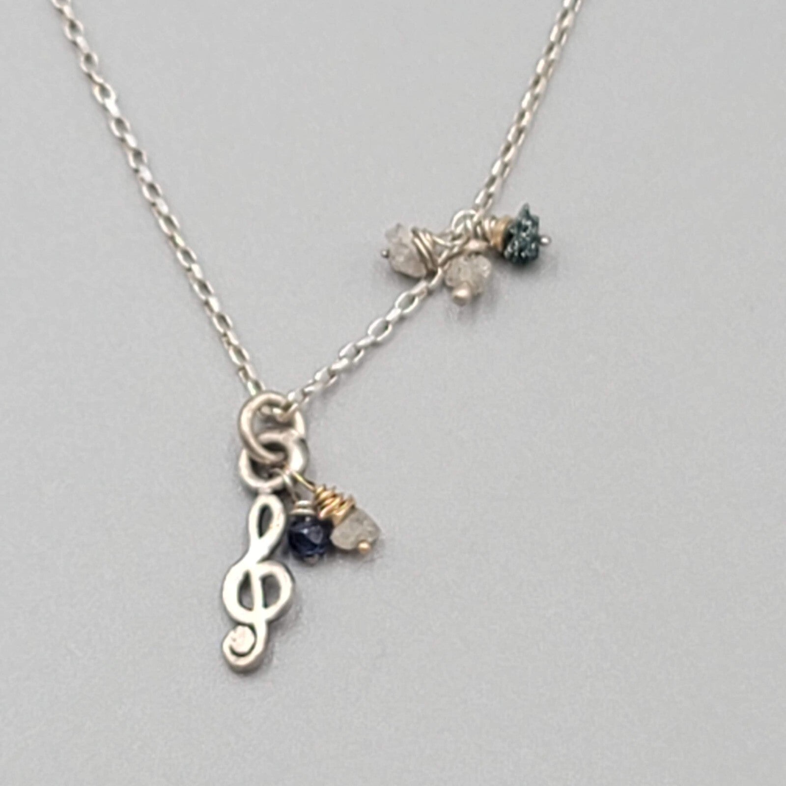 Dainty Sterling Silver Treble Clef  Necklace Quartz Bead 18"