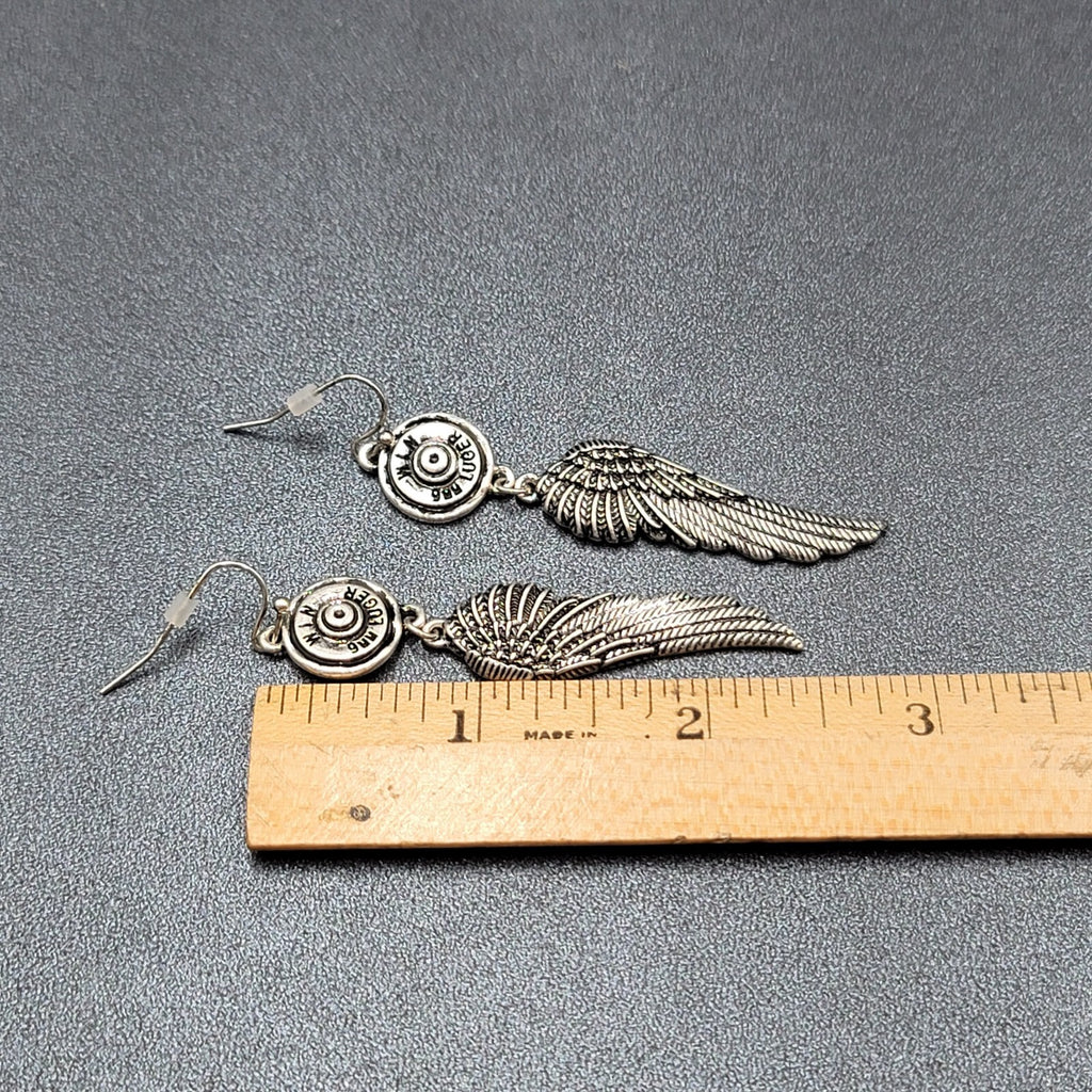 Pierced Earrings Luger Bullet Ends Angel Wings Dangle 2.5"