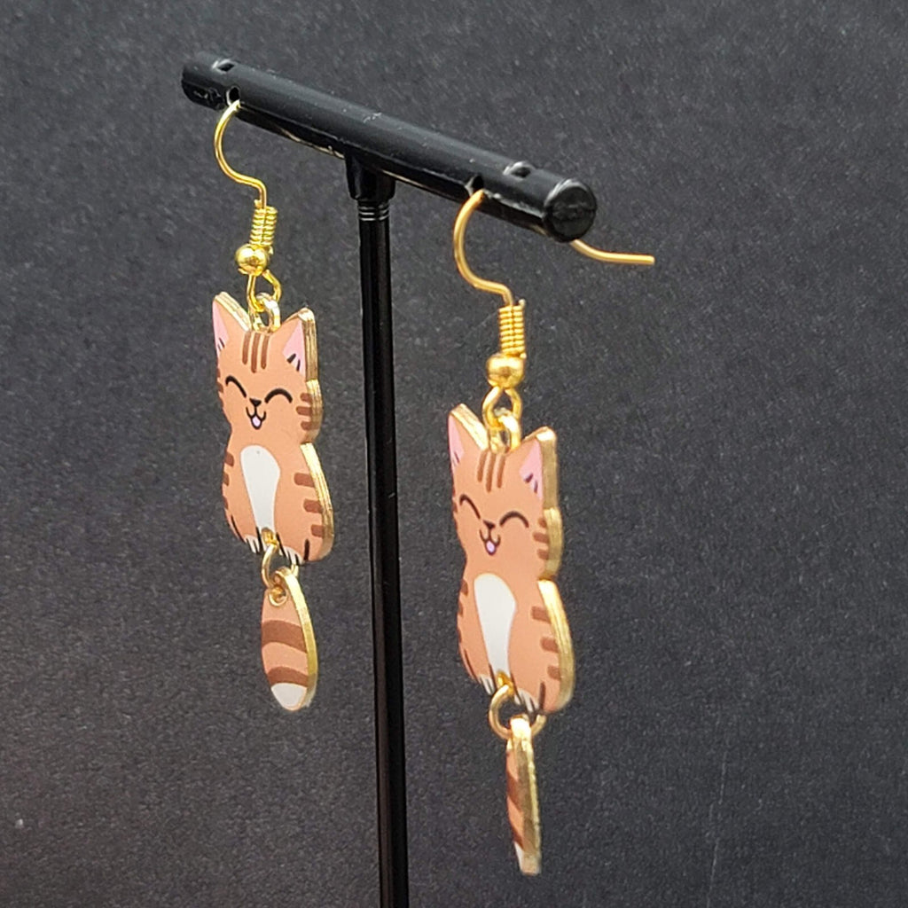 Tabby Kitty Cat Pierced Earrings Gold tone Dangle Tail 1.5"